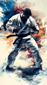 Martial artist in white gi against explosive color field.