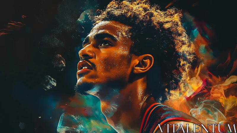 Basketball player rises through neon fire and swirling color.