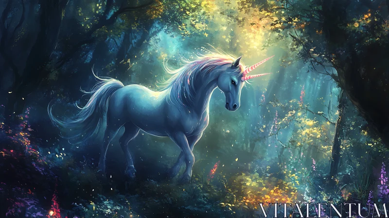 Enchanted unicorn wanders through glowing mystical forest.