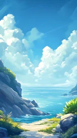 Coastal cove under cumulonimbus sky rendered in stylized digital painting