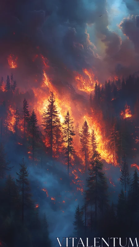 Wildfire consuming coniferous forest under storm cloud formations