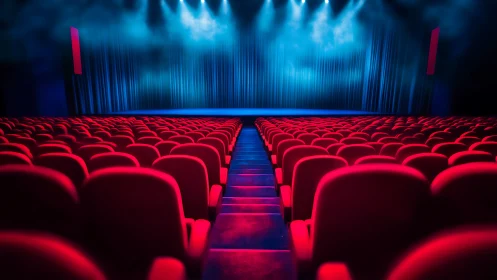 Empty red theater auditorium under dramatic blue stage lights.