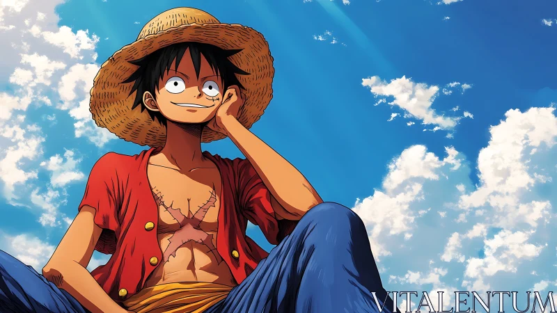 Straw-hatted dreamer grinning beneath wide-sailed sky.