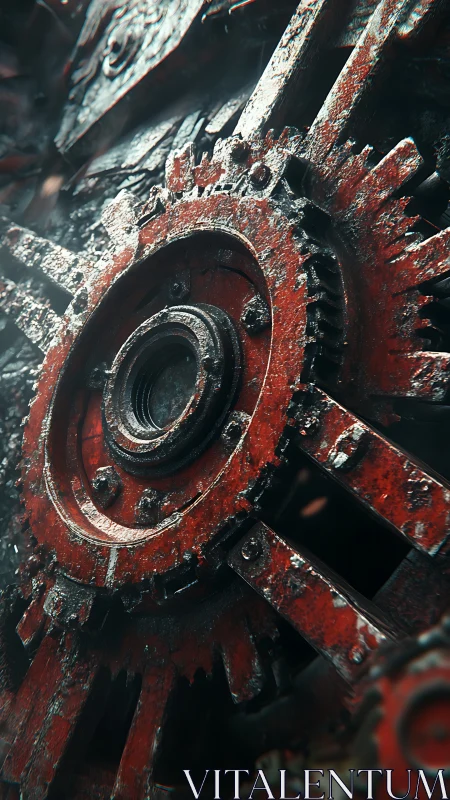 Corroded industrial gearwheel in red mechanical assembly.