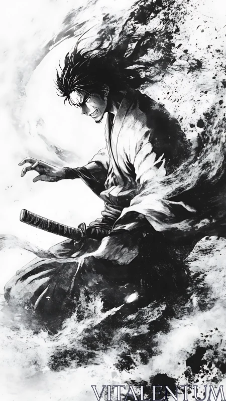 Samurai warrior in swirling black ink battle energy.