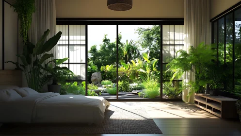 Bedroom with large windows opening to dense garden courtyard.