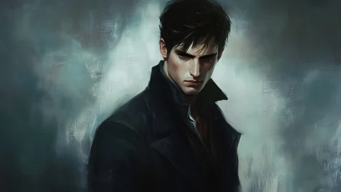 Brooding midnight wanderer cloaked in stormlit brushstrokes.