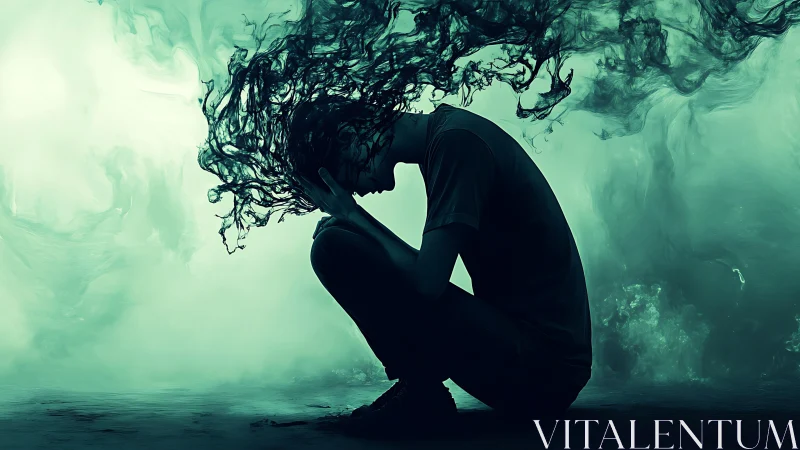 Silhouetted figure bows as dark smoke flows from mind.