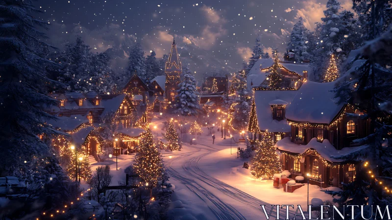 Snow-laden alpine village street under festive luminous arrays.