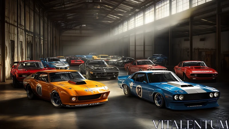 Retro racing muscle car grid in volumetric warehouse light.