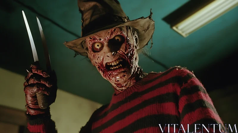 Disfigured clawed figure glares upward in dim indoor room