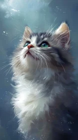 Portrait of Long-Haired Feline with Cyan Eyes and Atmospheric Background