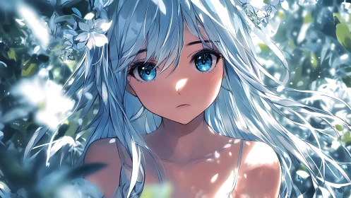 Silver-haired girl with blue eyes amid glowing blossoms.