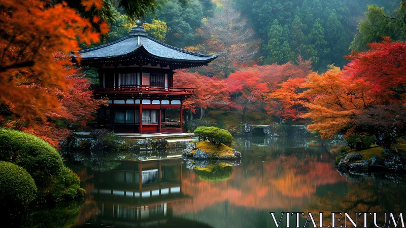 Gentle autumn garden pavilion rests by a calm reflective lake