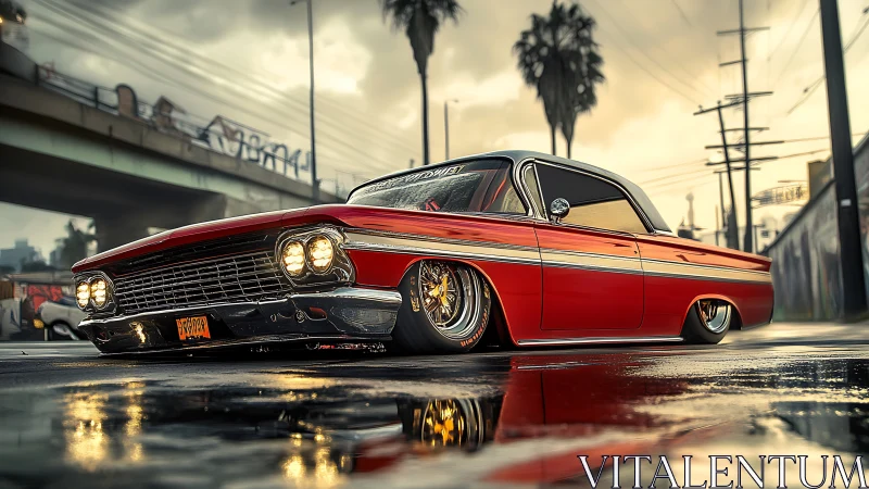 Lowrider legend cruises through neon rain-soaked streets.