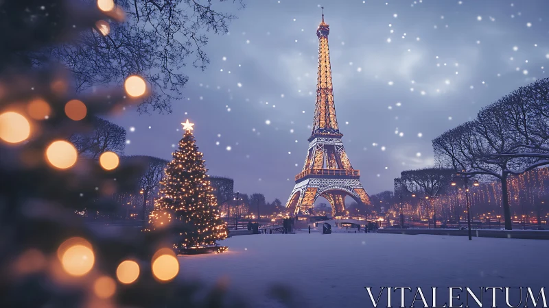 Eiffel Tower Christmas nightscape with bokeh snowfall glow.