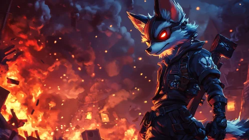 Defiant fox warrior stands bold against a blazing city night