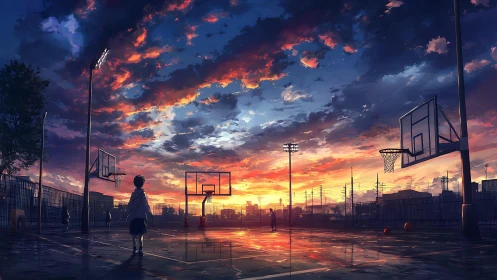Sunset city basketball court with scattered young players.