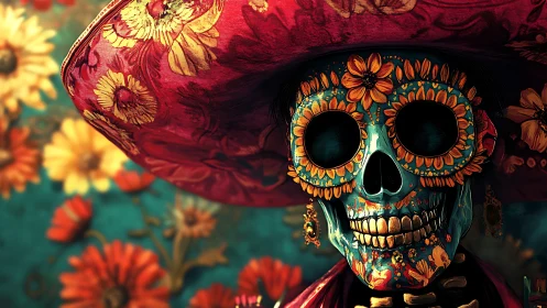 Radiant sugar skull in blooming D&iacute;a de los Muertos colors.