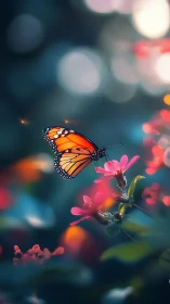 Luminous monarch butterfly drifting through dreamy bokeh bloom.
