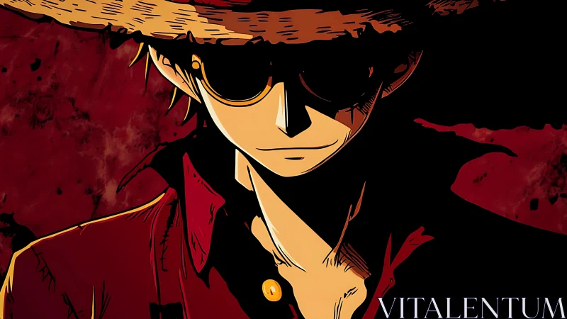 Straw-hatted wanderer in bold red shadows and quiet fire.