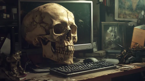 Human skull model on cluttered workstation with monitor.