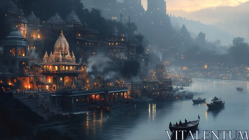 Golden riverside temple glows against a misty twilight city