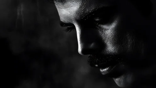 Moody monochrome male profile in deep shadow study.