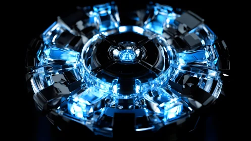 Futuristic glowing blue energy core in high-tech digital style.