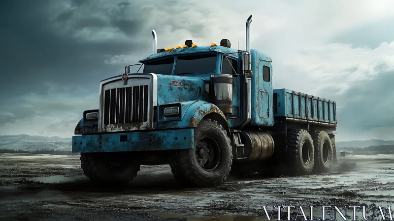 Heavy-duty blue dump truck stands in wet industrial landscape