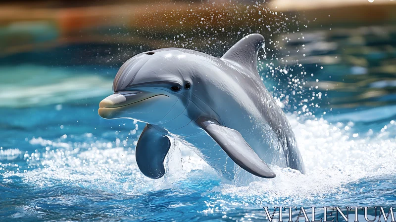 Bottlenose dolphin bursts upward through bright blue pool water.