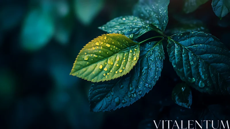 Rain-soaked yellow leaf contrasts against deep teal foliage