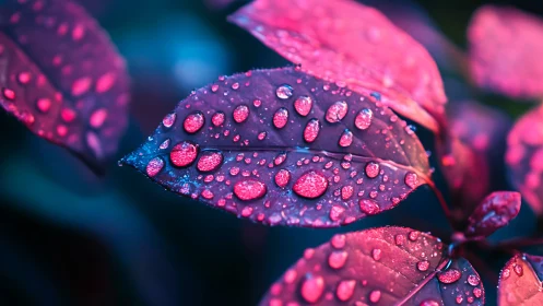 Macro study of magenta foliage with raindrop refraction