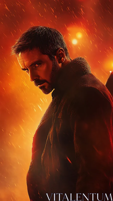 Brooding lone figure stands in fiery, rain-lit glow