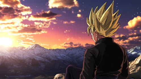 Anime warrior contemplates snowy mountains at blazing sunset