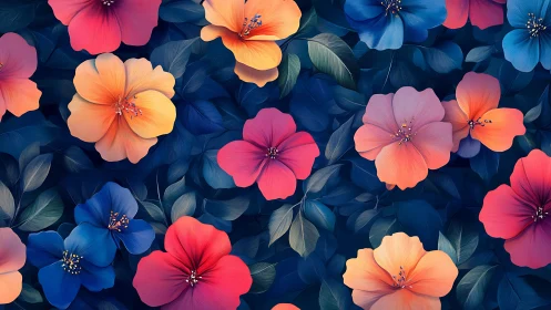 Vibrant Blooms with Gradient Petals on Dark Navy Background