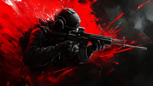 Tactical rifle soldier in red and black combat artwork.