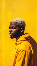 Portrait against bold yellow wall in monochrome styling.