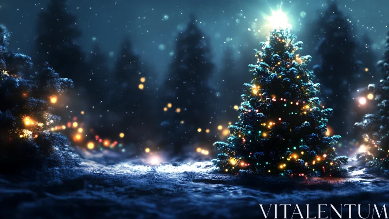 Photorealistic nocturnal Christmas tree with bokeh lighting focus.
