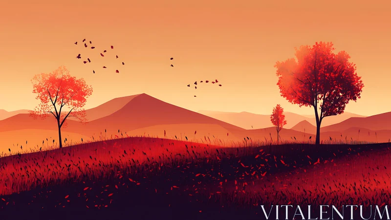 Crimson hills and silhouetted trees in minimalist sunset landscape.