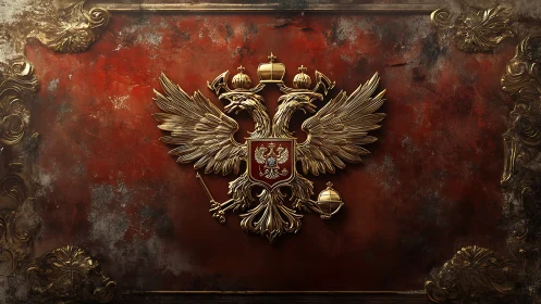 Gold double headed eagle crest on aged red background.