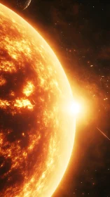 Stellar corona close-up with solar flare arcs and orbiting debris