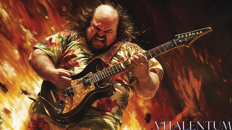 Power guitarist shreds amid explosive fiery backdrop.