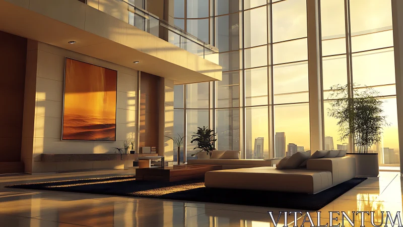 Modern high rise lounge with sunset city skyline view.