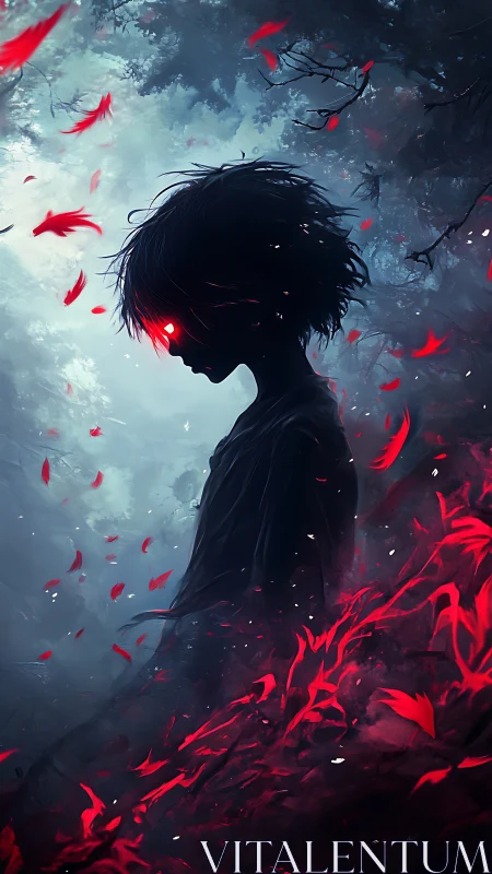 Forest ember child with crimson eyes and storm of petals.