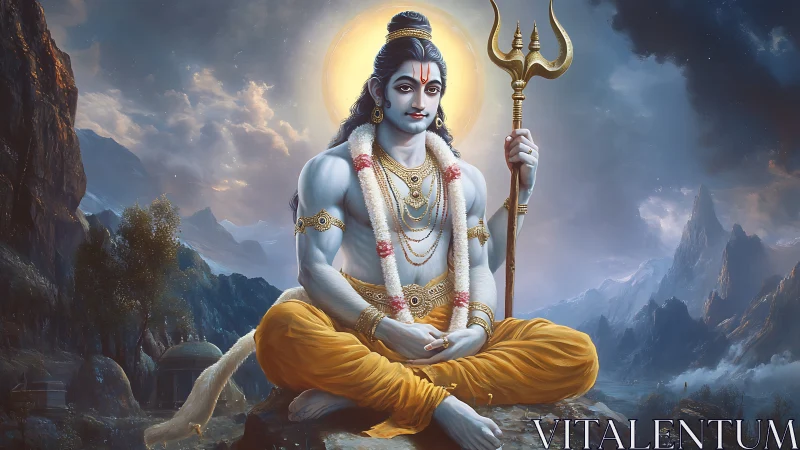 Seated blue-skinned figure holds trident in mountainous scene