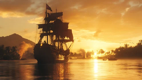 Sunlit galleon sails toward a blazing tropical horizon