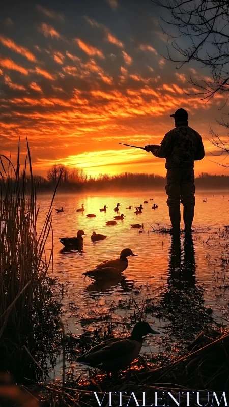 Golden marsh sunrise with solitary duck watcher at peace.