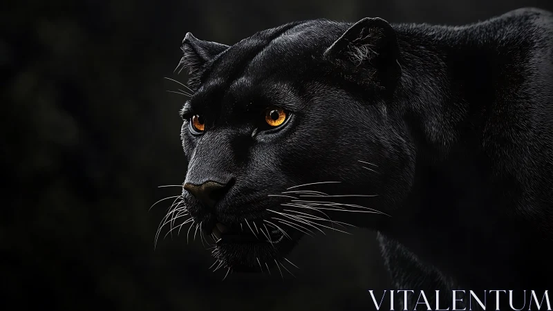 Black Panther Portrait with Luminous Amber Eyes Against Dark Background