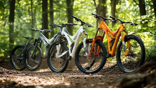 Four full-suspension trail mountain bikes aligned on forest singletrack